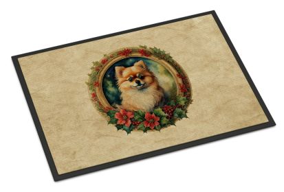NEW Pomeranian Christmas Flowers Doormat Front Door Mat Indoor Outdoor Rugs for Entryway, Non Slip Washable Low Pile, 18H X 27W