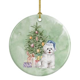 Bichon Frise Blue Hat Christmas Presents and Tree Ceramic Ornament Christmas Tree Hanging Decorations for Home Christmas Holiday, Party, Gift, 3