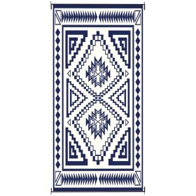 Reversible Outdoor Rug, Waterproof Plastic Straw With Carry Bag, 9 X 18, Blue & White Square Patchwork (Option: BLUE)